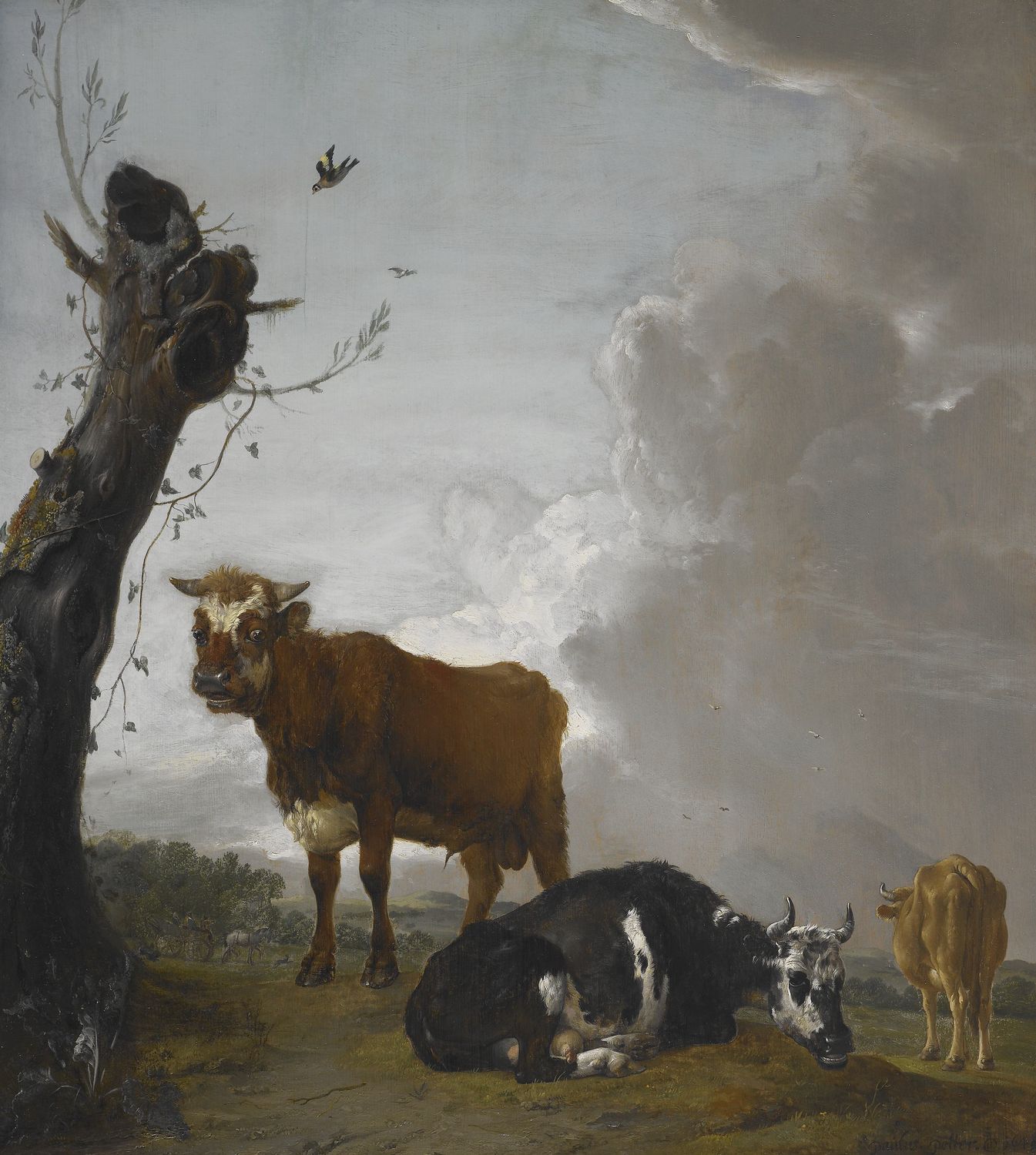 A Young Bull and Two Cows in a Meadow